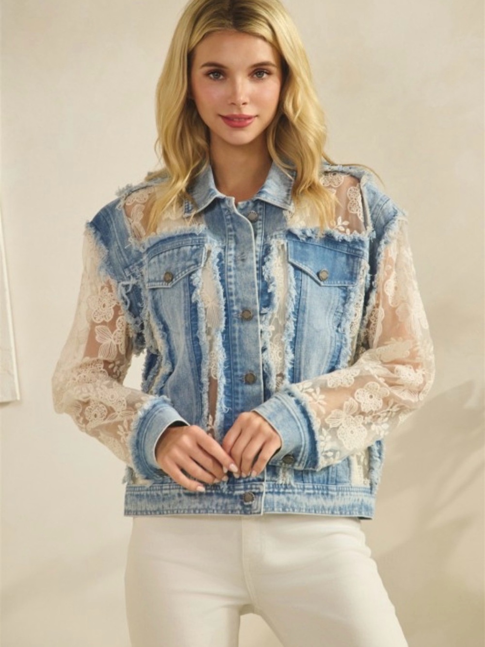 Light Wash Denim Jacket with Sheer Lace Sleeves